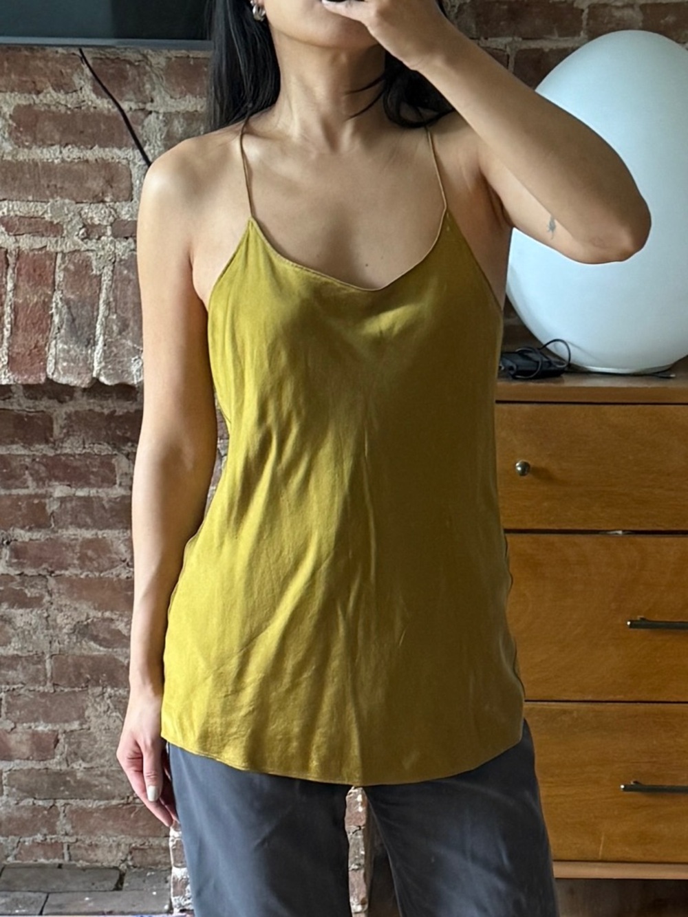 Olive Tan Green Silk Spaghetti Cami Tank Top size S - Picture 2 of 4